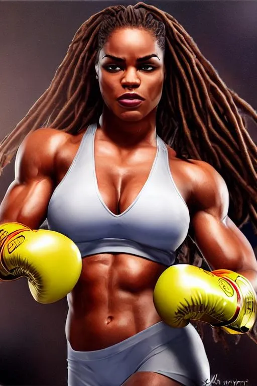 Prompt: realistic detailed image of a curvy, muscular, female boxer, mean scowl, dreadlocks, victory pose, boxing ring, highly detailed, digital painting, Trending on artstation, HD quality