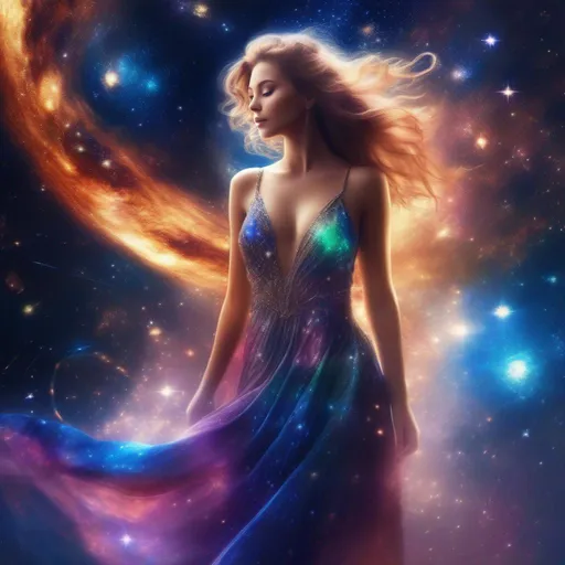 Prompt: colorful, sparkly, exquisite, glowing Goddess in a flowing dress, incredible all body form of a incredible bodied, incredibly beautiful faced woman with a buxom perfect body falling backwards through space, nebulas, stars, planets, the milky way and galaxies