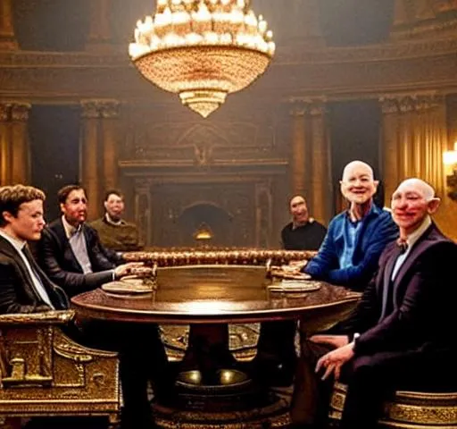 Prompt: Mark Zuckerberg, Elon Musk, Bill Gates, Jeff Bezos, sitting on thrones in palace. In foreground is a post apocalyptic landscape, humans dying, dark, dismal