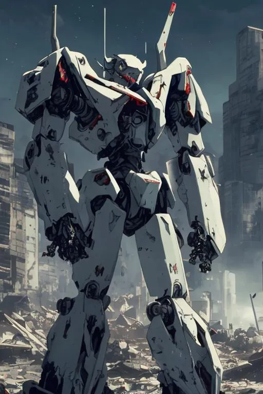 Prompt: A white mecha with a sword beside it and a ruined city as background