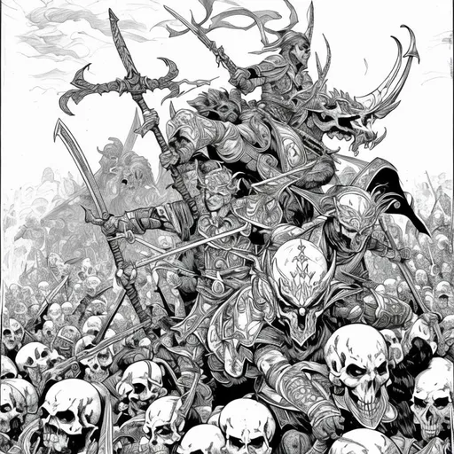 an elven warrior riding on skulls of the dead readyi...