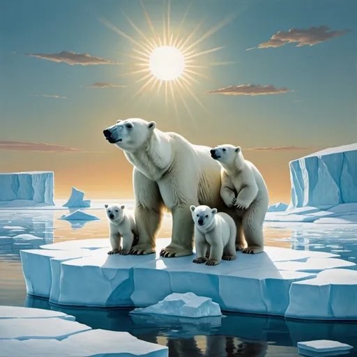 Prompt: A polar bear and her cubs on the edge of an ice floe, playful, with the Arctic sun on the horizon,style Magritte