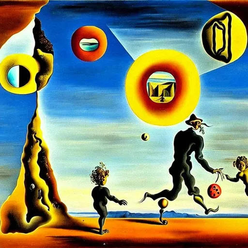 Prompt: Salvador Dali type painting with hidden messages in the painting like a woman walking a dog and a man playing catch with his kids or hidden items like a toy or a upside down sun or a backwards half moon the whole picture upside down abstract 