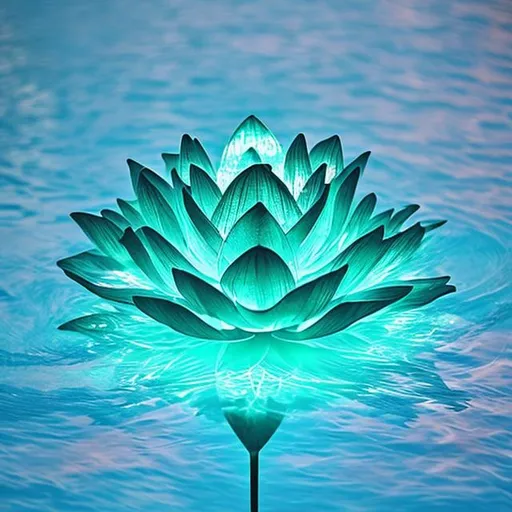 Prompt: laser lotus flower floating in an aqua pool
