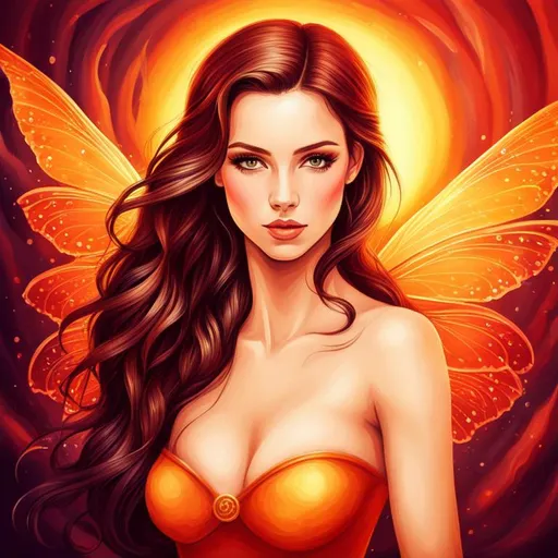 Prompt: fairy goddess with warm colors, realistic,  fiery background, closeup