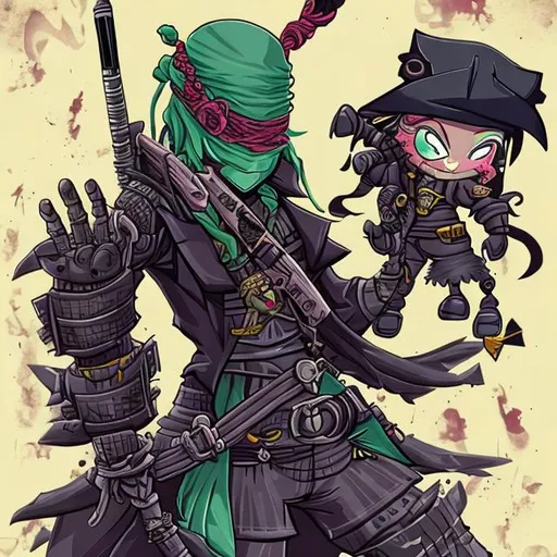Prompt: Robot ninja zombie princess pirate 