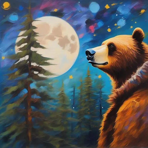 Prompt: A profile beautiful and colourful picture of a handsome man with brunette hair and a mustach, is surrounded by Sitka Spruce trees, a brown bear, and a goose in flight, framed by the moon and constellations, in an impressionistic colourful acrylic palette knife style.