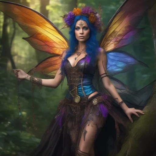 Prompt: Epic. Cinematic. Shes a (colorful), Steam Punk, gothic, witch. spectacular, Winged fairy, with a skimpy, (colorful), (gossamer), flowing outfit, standing in a forest by a village. ((Wide angle)). Detailed Illustration. 8k.  Full body in shot. Hyper real painting. Photo real. An (extremely beautiful), shapely, woman with, ((Anatomically real hands)), and (vivid), colorful, (bright eyes). A (pristine) Halloween night. (Concept style art). Rays of light. Lens flares. Celestial. 