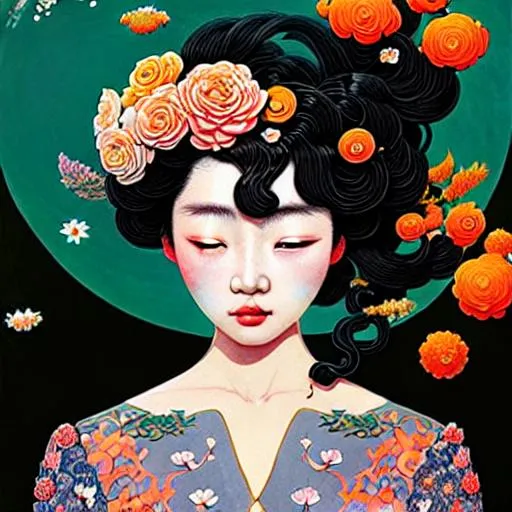 Prompt: beautiful cute front portrait Korean ninfa, big long curly hair, herbs pastel colors, flowers orange by victo ngai, kilian eng, dynamic lighting, digital art, art by james jean, takato yamamoto, inkpunk minimalism