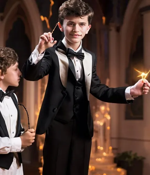 Prompt: 13 year old boy in a tuxedo cast a magic spell on a girl with his magic wand  to make her love him.