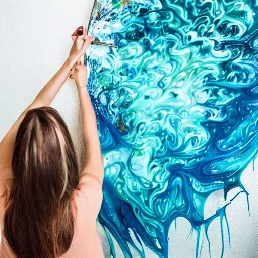 Prompt: photo of a woman from the back who creates fluid art artwork using pouring paints in teal colors on a canvas on a table
