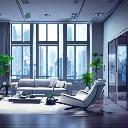 Prompt: An aesthetic modern futuristic
 living room interior design with beautiful glass windows portfolio cover image illustration with a Photoshop style