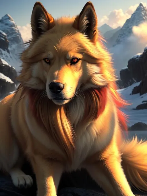 Prompt: remove leg, 8k, 3D, UHD, masterpiece, oil painting, best quality, artstation, hyper realistic, perfect composition, zoomed out view of character, 8k eyes, Portrait of a (beautiful Ninetales), {canine quadruped}, thick glistening gold fur, deep sinister (crimson eyes), ageless, lives a thousand years, epic anime portrait, wearing a beautiful (silky scarlet and gold scarf), thick white mane with fluffy golden crest, golden fur lighlights, studio lighting, animated, sharp focus, intricately detailed fur, graceful, regal, cinematic, magnificent, sharp detailed eyes, beautifully detailed face, highly detailed starry sky with pastel pink clouds, ambient golden light, perfect proportions, nine beautiful tails with pale orange tips, insanely beautiful, highly detailed mouth, symmetric, sharp focus, golden ratio, complementary colors, perfect composition, professional, unreal engine, high octane render, highly detailed mouth, Yuino Chiri, Anne Stokes