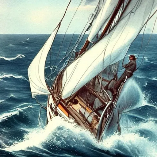 Prompt: heroic scene of a 37 year old man sailing his hand built ketch rigged sailboat in rough seas. throwing a lifeline to a man who fell overboard