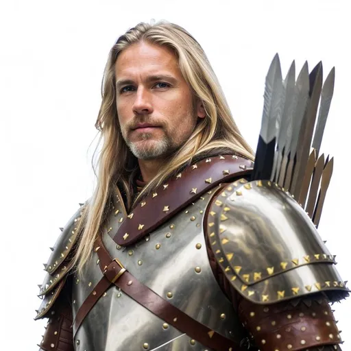 Prompt: a middle aged atractive blonde white man, blond long hair tirning gray, tanned wrincled skin, deep brown eyes, dark stubby facial hair, grren tabbard over a brown leather studded leather armor, quiver of arrows over the shoulder, dramatic lighting, high resolution, 4k, bright colors, portrait, tired expression, sad eyes, warrior, fierce, powerful