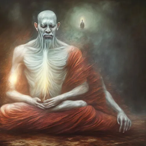 Prompt: man meditating and transcending, horror, painting, realistic, detailed, high resolution