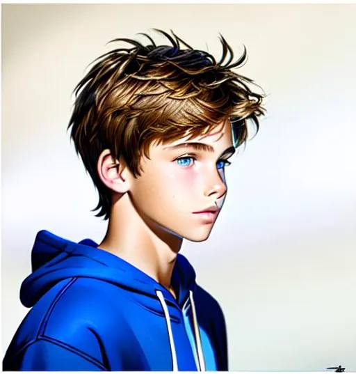 Prompt: Hyperrealistic Hyperrealism (3/4 view of face)++ (head turned)++ (side view) portrait,  facing camera Beautiful young teen boy, (16 year old kid) (messy hair)+ lightbrownhair boy, hair, sharp gaze, blue eyes, innocent, boy model, 16 years old, hot, pretty, cute, hoodie zipper, cinematic lighting, blue sky, bright colors, blue, green, yellow, white,  luminous, hyperdetailed, great composition, professional, artstation award, (white background)++ 