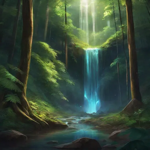 Prompt: Envision a glowing waterfall in a lush forest 