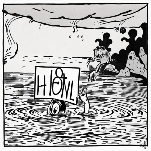 Prompt: Simple Black and white Picture of just one person scared and drowning holding a sign saying “help” in English in the style of loony toons