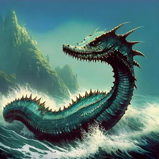 God fights giant sea serpent in chaotic stormy sea i... | OpenArt