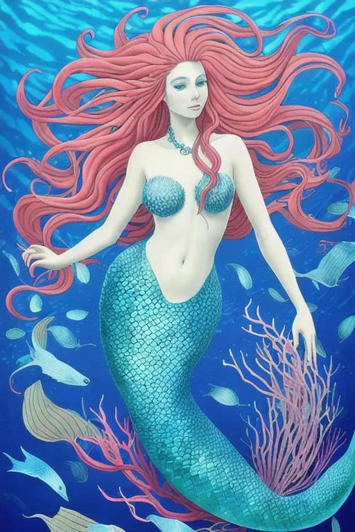 Prompt: A beautiful mermaid with long, flowing hair and a tail of blue scales, swimming in a coral reef.