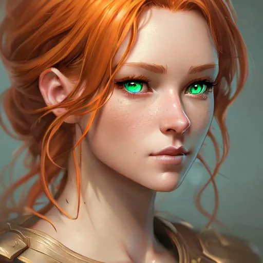 Prompt: Detailed character portrait, highly detailed, cinematic lighting, digital painting, concept art, sharp focus, full character view, illustration, very detailed, detailed face, female human, light ginger hair, green eyes, normal human, light curly hair.