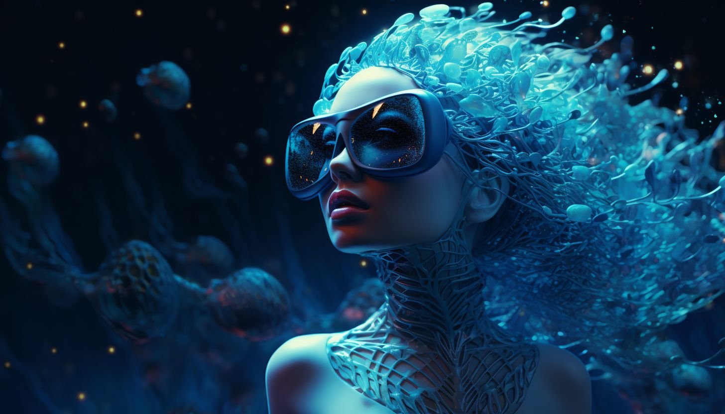Prompt: a woman in a deep sea environment wearing feathers, starry glasses, in the style of intricately sculpted, concept art, azure, ethereal trees, uhd image, vibrant illustrations