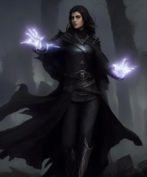 Prompt: Sorceress warlock casting spell. summoning spell. hands glowing with magic. Wearing black cloak, boots, and gray pants.  European sorceress with dark hair.  young woman with determined facial expression. photorealistic character art. modest clothing. greg rutkowski, Peter Mohrbacher. crumbling village, buildings. 8k.