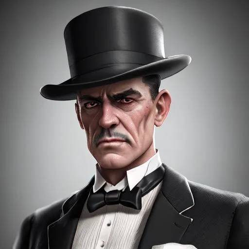 Prompt: An ultra realistic waist up portrait of tough looking butler in the 1920s, long shot super detailed lifelike illustration, action-adventure outfit soft focus, clean art, professional, old style photo, CGI winning award, UHD, HDR, 8K, RPG, UHD render, HDR render, 3D render cinema 4D