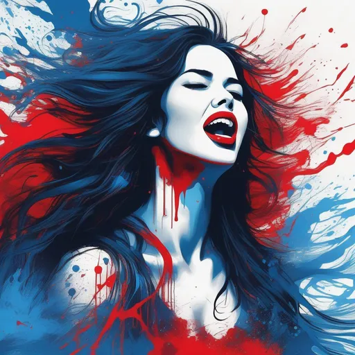 Prompt: 2d ink illustration of a beautiful woman screaming, defiance, kneeling, long dark hair,  [red:blue] ink dripping , dreamlike, paint dripping, heavy strokes, pop surrealism, concept art, artistic photography, radiant, trending on cgsociety, intricate details, intricate complexity, 16K, intricate