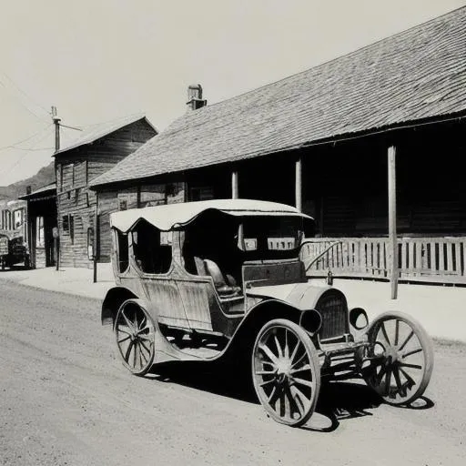 Prompt: photo of a car driving in a town, Wild West
