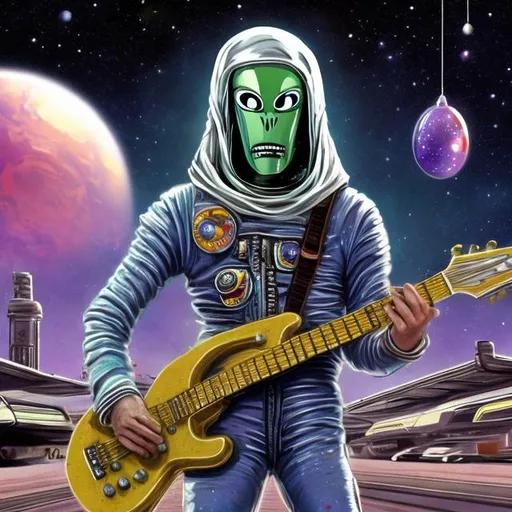 Prompt: Alien Astronaut Jesus playing a double-necked Guitar for spare change in a busy alien mall, widescreen, infinity vanishing point, galaxy background, surprise easter egg