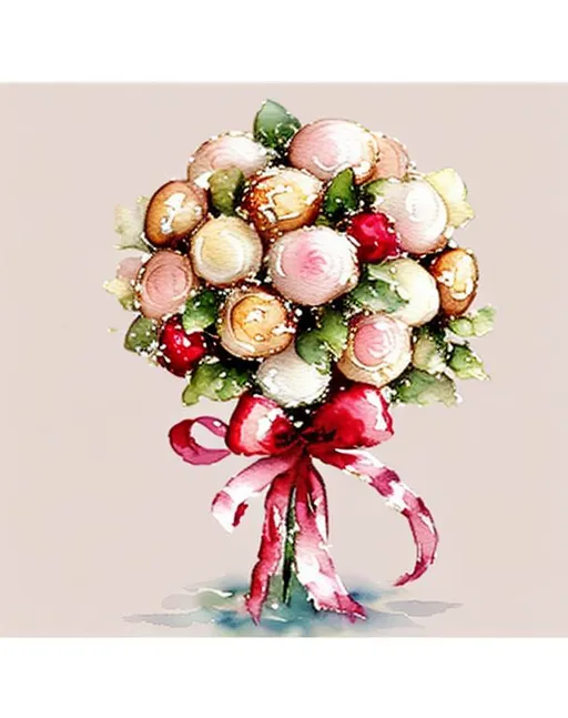 Prompt: cute, watercolour art style, impressionism art style,  romanticism art style, ferrero rocher bouquet, pink, red, gold colour, ribbon with bow around the bouquet, white backround, 