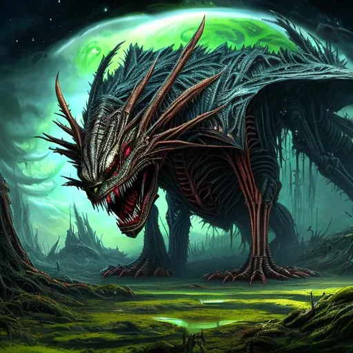 Prompt: Single horrific colossal alien abomination about to strike, on a alien planet, alien flora and fauna in the background, multiple extraterrestrial moons and stars on the sky, lanky, skinny, skin tears with black tendrils, black liquid leaking, mouth with jagged and sharp rows of teeth, pallete variety, various colors, digital art, HD, 8K, realistic art, borderless image