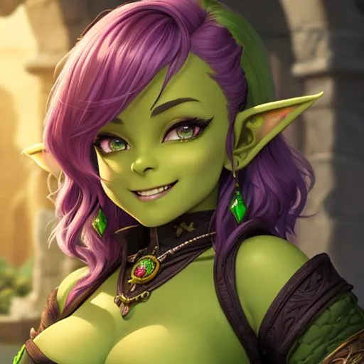 Prompt: oil painting, D&D fantasy, green-skinned-goblin girl, green-skinned-female, small, beautiful, short dark pink hair, wavy hair, smiling, pointed ears, fangs, looking at the viewer, cleric wearing intricate adventurer outfit, #3238, UHD, hd , 8k eyes, detailed face, big anime dreamy eyes, 8k eyes, intricate details, insanely detailed, masterpiece, cinematic lighting, 8k, complementary colors, golden ratio, octane render, volumetric lighting, unreal 5, artwork, concept art, cover, top model, light on hair colorful glamourous hyperdetailed medieval city background, intricate hyperdetailed breathtaking colorful glamorous scenic view landscape, ultra-fine details, hyper-focused, deep colors, dramatic lighting, ambient lighting god rays, flowers, garden | by sakimi chan, artgerm, wlop, pixiv, tumblr, instagram, deviantart