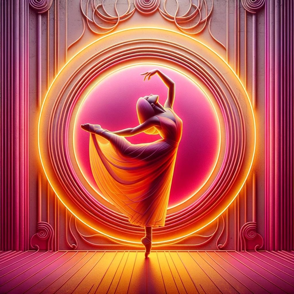 Prompt: Artistic portrayal in a style reminiscent of traditional paintings, depicting a woman in a dance pose, standing inside an orange circle illuminated with neon light. The color palette is dominated by light magenta and yellow. The scene is a fusion of reimagined classical forms and modern aesthetics, creating a captivating visual.