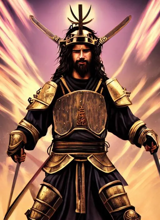 Prompt: Portrait of {characters} Jesus Christ, army of samurai saints, ninjas with {color} hair and eyes glow armored for battle drawn swords emitting divine power {background}, saints battle Satan's cyberpunk ninjas, perfect composition, hyperrealistic, super detailed, 8k, high quality, trending art, trending on artstation, sharp focus, panorama photo intricate details, highly detailed, by Michaelangelo 