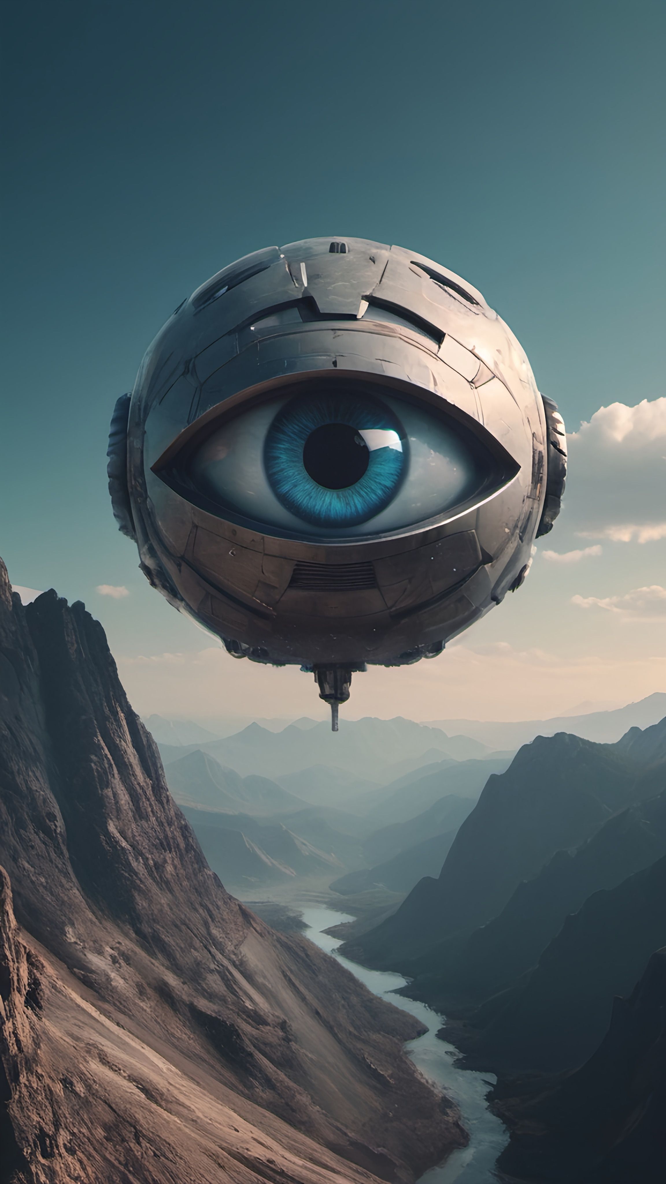 Prompt: a futuristic flying object with a blue eye in the sky above a mountain range with a river below it