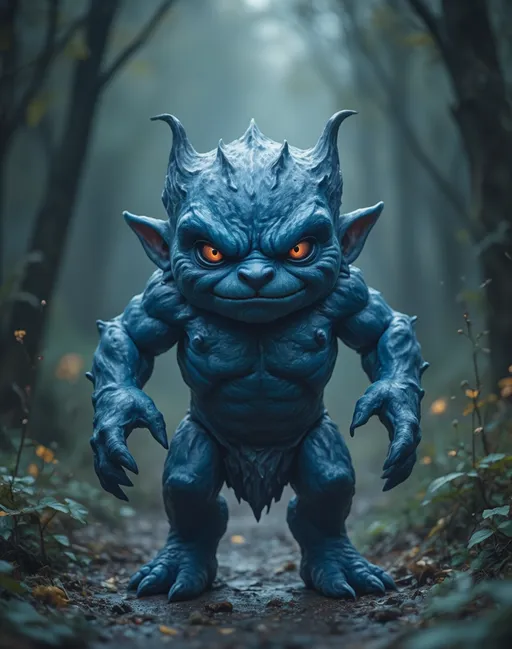 Prompt: full body shot front view of Fantasy art style Imp familiar small mischevious blue   face to viewer, background is a suitable beautiful scene