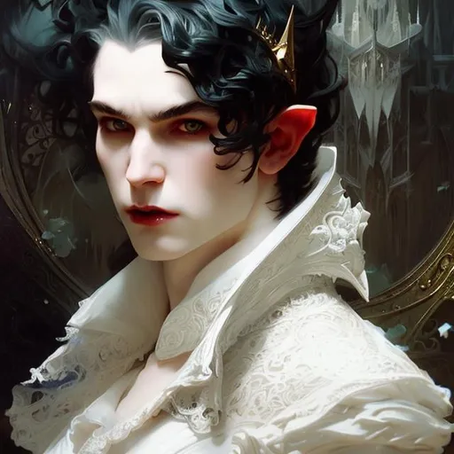 Prompt: Splash art portrait of male vampire, elf, androgynous, stern, white short haired man with short wavy white hair, victorian dark clothes, elegant, highly detailed, intricate, smooth, sharp focus, artstation, digital painting, concept art, art by greg rutkowski, alphonse mucha and John William Waterhouse