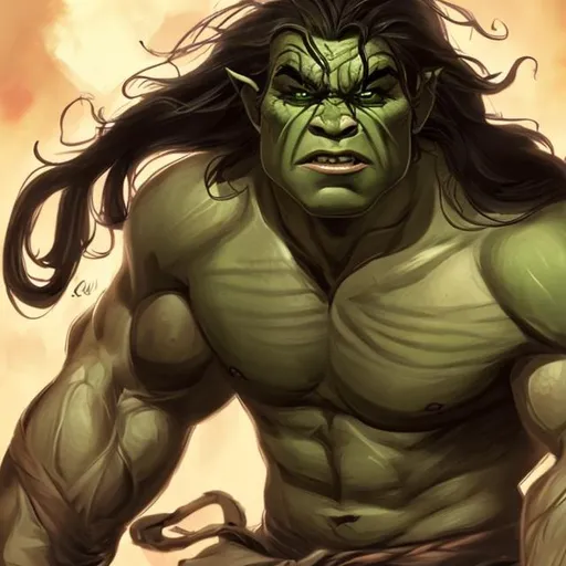 Prompt: A muscular half-orc with long hair