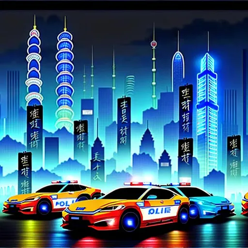 Prompt: Subject: "Police cars"

Creative descriptions: Sleek, blue and white sports cars adorned with Chinese characters and the powerful Chinese characters "坡力士". The police cars are covered only with Chinese characters. Flashing lights illuminate the darkness, casting an eerie glow.

Environment: A bustling city at night, with towering skyscrapers and neon signs reflecting off wet pavements. The streets are alive with a mix of excitement and tension.

Mood/Feelings: A sense of authority and vigilance permeates the air. There's an undercurrent of urgency and anticipation, as if something significant is about to unfold.

Artistic medium/Techniques: The scene captures the interplay of light and shadow, highlighting the contrast between the glowing police cars and the dark cityscape. Long exposure techniques enhance the dynamic movement of the flashing lights.

Artists/Illustrators/Art Movements: Inspired by the works of Edward Hopper, with his mastery of capturing urban solitude, and influenced by the noir aesthetic of film noir and graphic novel illustrations.