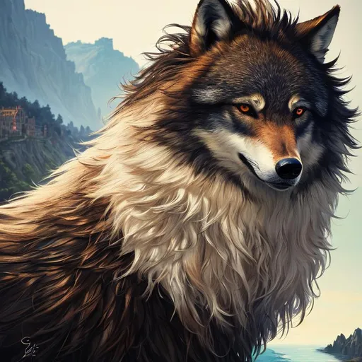 Prompt: (masterpiece, charcoal, artstation, best quality:1.5), insanely beautiful wolf with (billowing black coat), Casanova, white chin, bushy mane, on a cliffside, overlooking abandoned village, overlooking river, silver fur highlights, finely detailed, bold, energetic, youthful, detailed face, beautiful detailed eyes, vivid burnt sienna eyes, beautiful defined detailed legs, beautiful detailed shading, highly Detailed body, highly detailed pastel pink clouds, full body focus, beautifully detailed sky, cinematic, 64K, UHD, unreal engine, high octane render