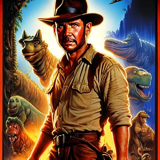 Prompt: Make a Drew Struzan Movie Poster for 'Indiana Jones and the Valley of Dinosaurs'
