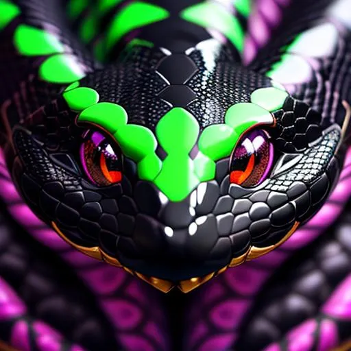 Prompt: a face shot of a twelve-foot snake with black and green markings and red eyes purple aura and a dragon-like face, very glossy and shiny, reflective, perfect composition, hyperrealistic, super detailed, 8k, high quality, trending art, trending on artstation, sharp focus, studio photo, intricate details, highly detailed, Trending on Artstation, Cozy wallpaper, Pastel colors, soft lighting