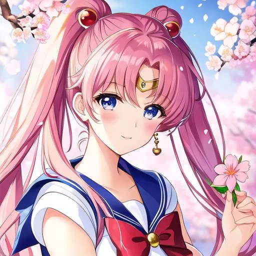 Prompt: high quality, beautiful face, sailor moon, deviant art, usagi tsukino, artwork , background pink cherry blossom flowers , conrade griffin
