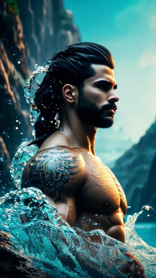 Prompt: portrait of a man of 27 years old, perfect composition, hyperrealistic, super detailed, meditating under water , cinematic look,  black hair, brown eyes, white greek suit, fantasy art, ultra detailed, 64k resolution, silky hair, intricate details, man bun hair knot, waterfalls background ,trending art, trending on artstation, sharp focus, studio photo, intricate details, highly detailed,