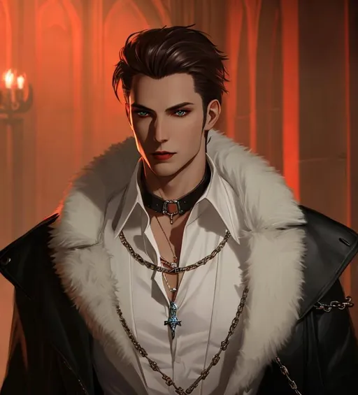 Prompt: short brown haired male vampire, metal chain necklaces, realism, vampire the masquerade, half body picture, blue eyes, black coat with red trim, castle wall background,  glowing red walls, realistic style, trending on artstation, pxiv,