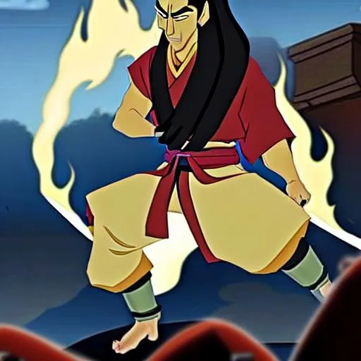 Prompt: A realistically animated Fire Lord Ozai is burning down the prison he escaped from. He is fire bending.