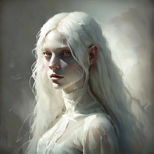 Prompt: close up of a person with long white hair, inspired by Louisa Matthíasdóttir, exquisite matte painting, pale young ghost girl, peter kemp, tom bagshaw weta studio and Jason Benjamin, behance contest winner, intricate 3 d illustration, greek myth digital painting, trending on juxtapoz magazine, jean-sebastien rossbach